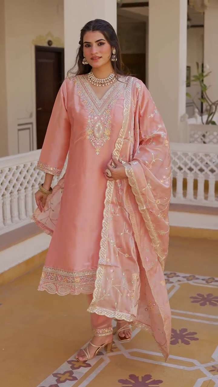 Women's Silk Heavy Embroidery Sequence Work Top-Bottom Straight Kurti With Pant and Dupatta set - Image 2